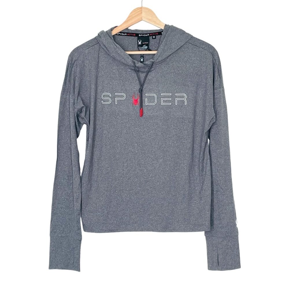 Spyder Women's Gray Hooded Athletic Top Long Sleeves with Thumb Holes Medium NWT